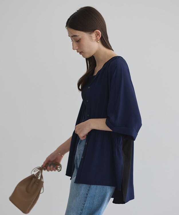 YECCA VECCA ギャザーデザイン配色シャツ Navy
