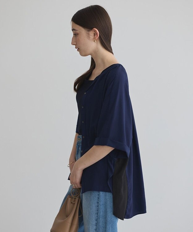 YECCA VECCA ギャザーデザイン配色シャツ Navy