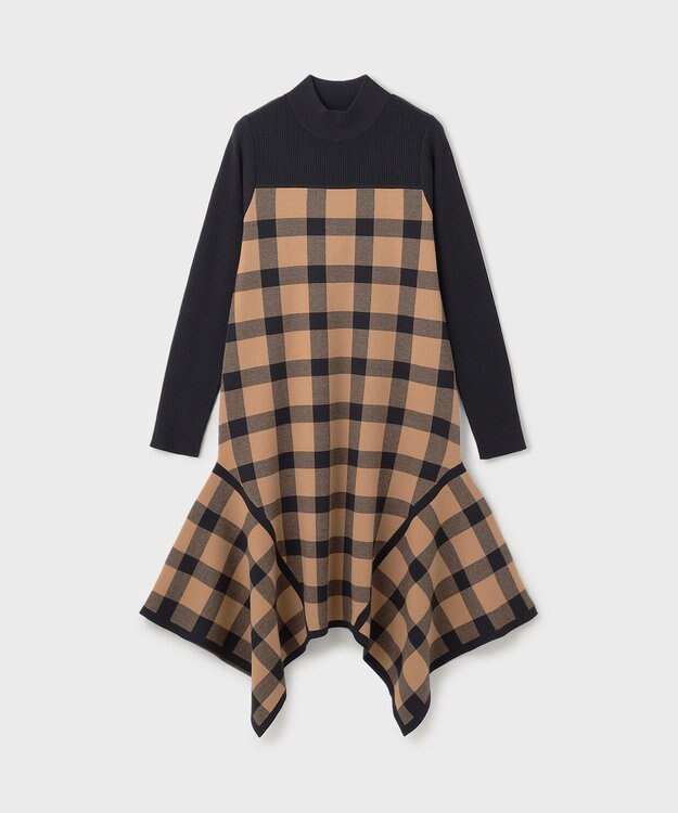 GRACE CONTINENTAL チェックイレヘムニットワンピース キャメル