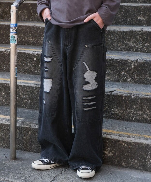 WEGO ダブルニーダメージデニムパンツ デニムブラックソノタ