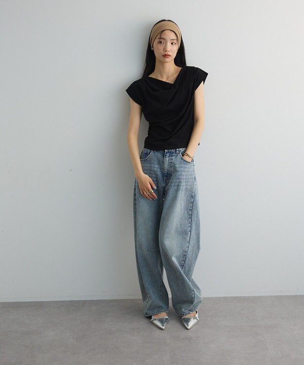 Green Parks ドレープオフショルフレンチ袖Ｔシャツ Black