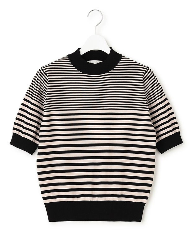 23区 L 【洗える】プレミアムビオコットン 半袖 ボーダー ニット ベージュxブラックボーダー