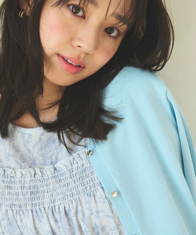 Feroux 【洗える・接触冷感・UVカット】ハートボタン7分袖 カーディガン スカイブルー系