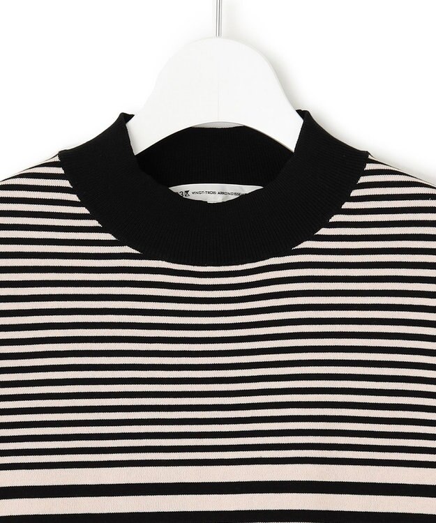 23区 L 【洗える】プレミアムビオコットン 半袖 ボーダー ニット ベージュxブラックボーダー