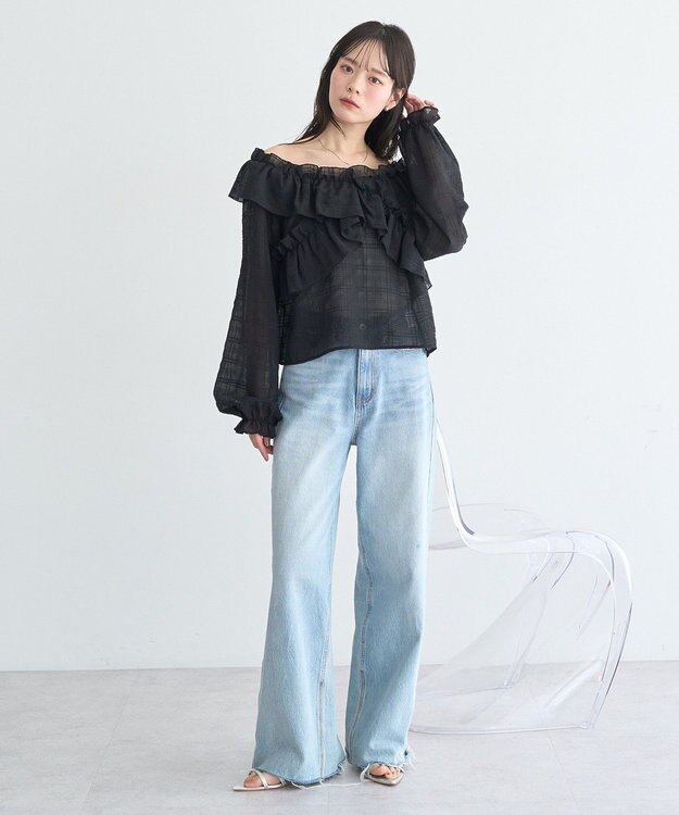 earth music&ecology シアーチェック2wayオフショルブラウス Black