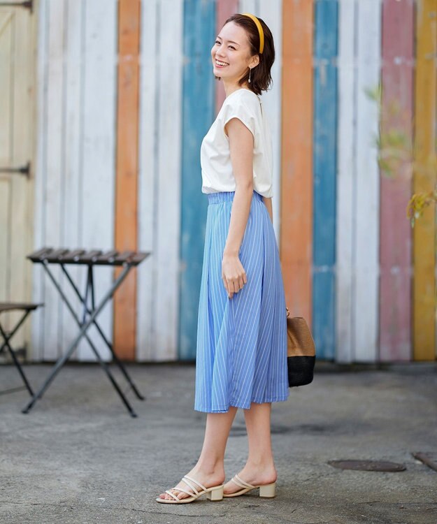 Tiaclasse 【洗える】異素材を組み合わせたカットソードッキングワンピース オフ×サックスストライプ