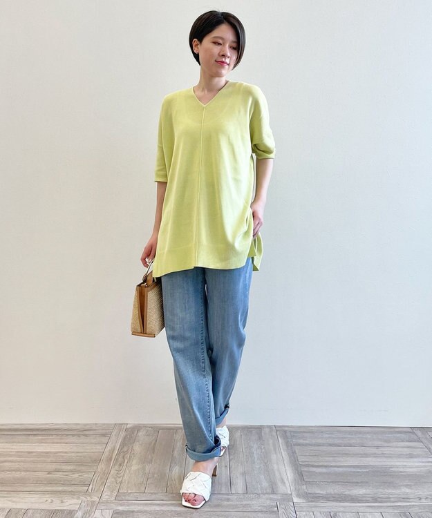 自由区 【新型登場！/WEB限定カラー有】ハイツイストコットンアセテート ニット5分袖 ライトグリーン系