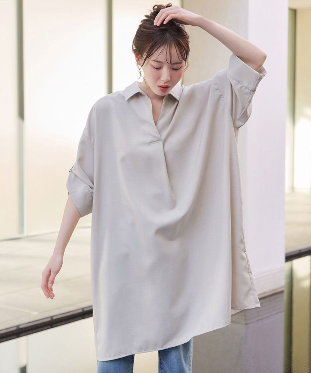 Tiaclasse 【洗える】麻ライクスキッパーシャツチュニック ベージュ