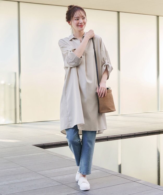 Tiaclasse 【洗える】麻ライクスキッパーシャツチュニック ベージュ