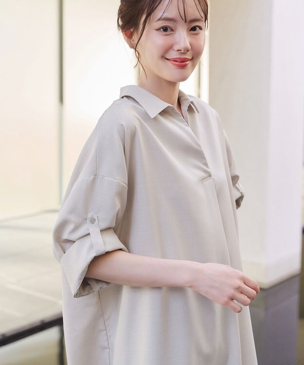 Tiaclasse 【洗える】麻ライクスキッパーシャツチュニック ベージュ