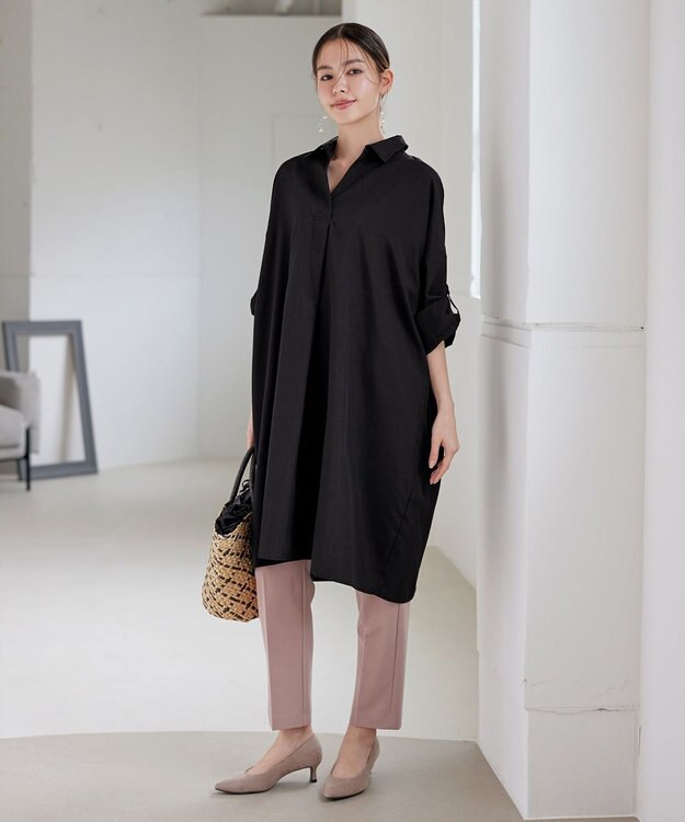 Tiaclasse 【洗える】麻ライクスキッパーシャツチュニック ブラック