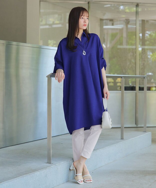 Tiaclasse 【洗える】麻ライクスキッパーシャツチュニック ブルー