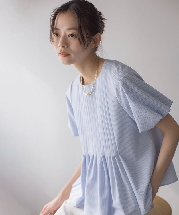 組曲 ドライタッチペプラム ブラウス ブルーストライプ系1