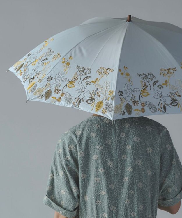 AND WOOL 〈一級遮光生地・晴雨兼用〉筆記帳刺繍の日傘 （長傘タイプ） ホワイト