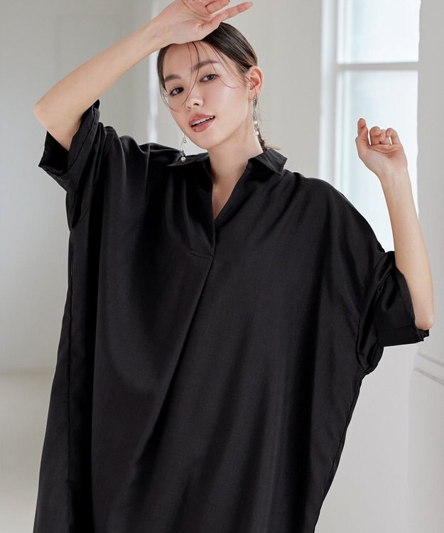 Tiaclasse 【洗える】麻ライクスキッパーシャツチュニック ブラック