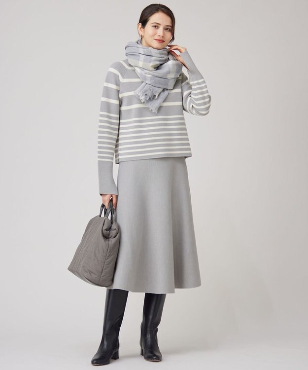 自由区 【スタイリストコラボ・洗える】ウールミラノボーダー ニット ライトグレー×オフ