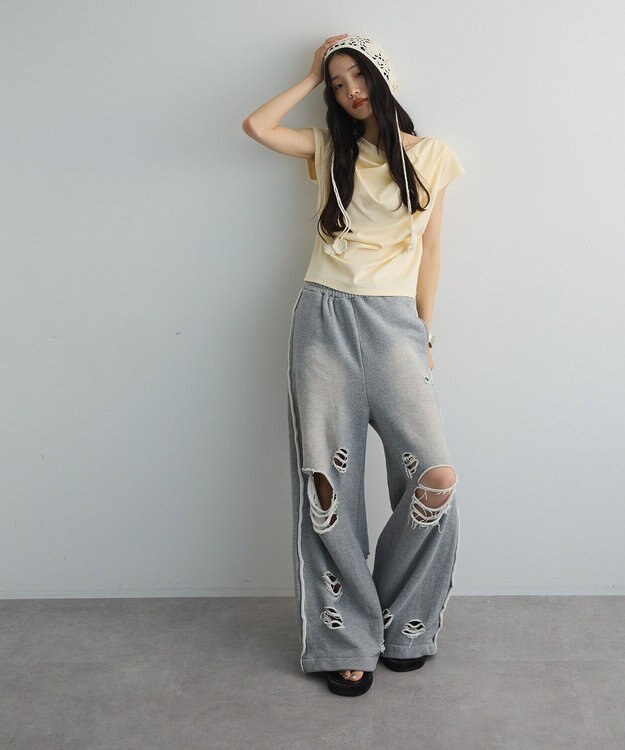 Green Parks ドレープオフショルフレンチ袖Ｔシャツ Lemon Yellow