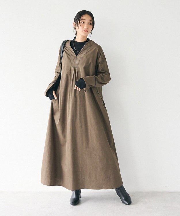 CRAFT STANDARD BOUTIQUE 刺繍入りツイルＶネックワンピース Khaki