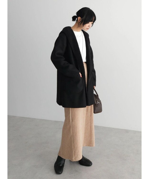 Green Parks ２ｗａｙフード裏ボアミディ丈コーディガン Black