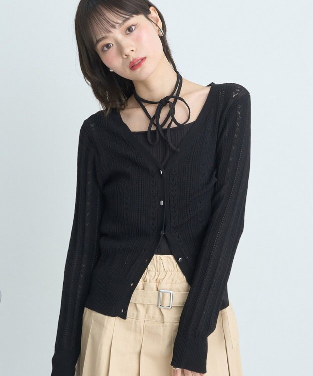 earth music&ecology シルバーボタン透かし編みニットカーディガン Black