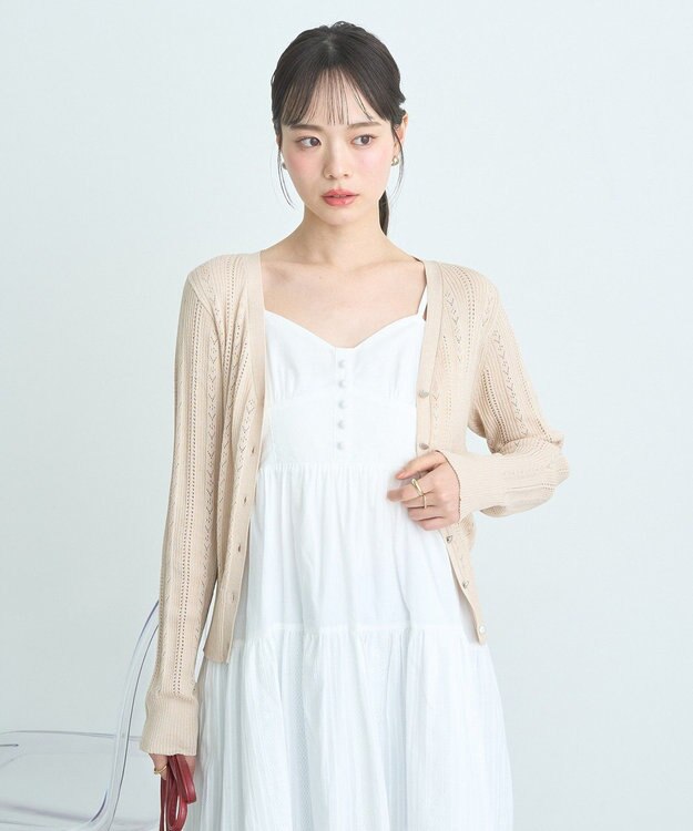earth music&ecology シルバーボタン透かし編みニットカーディガン Beige