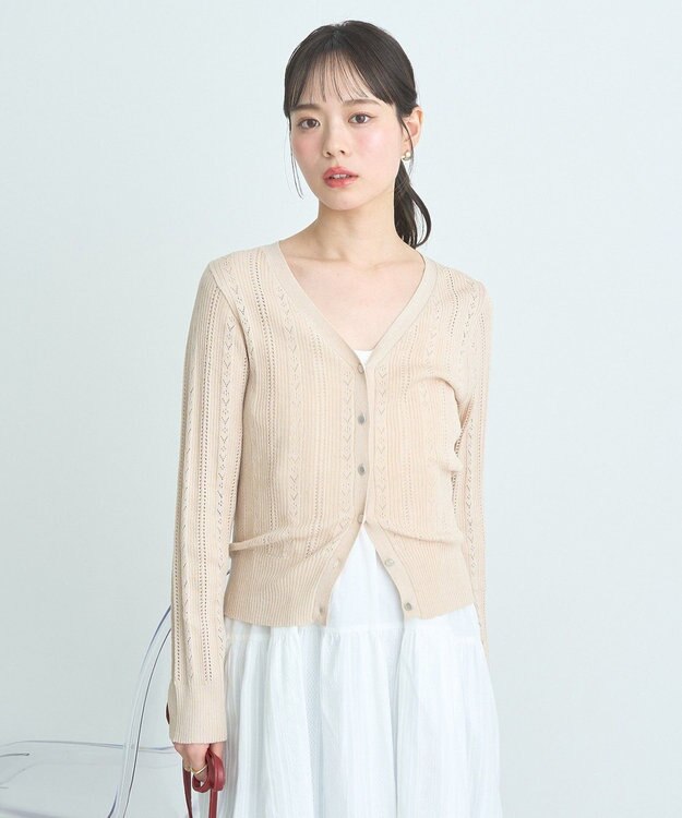 earth music&ecology シルバーボタン透かし編みニットカーディガン Beige