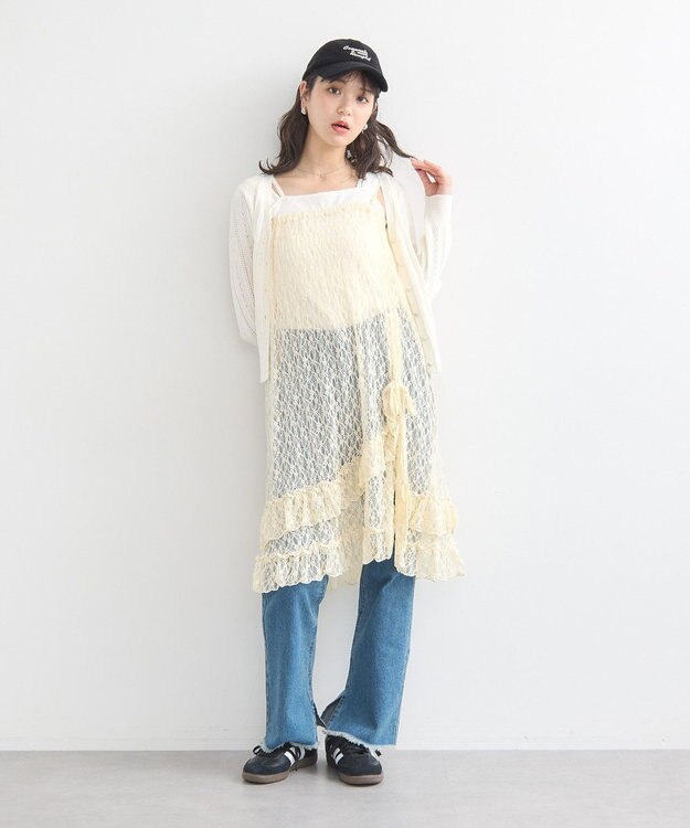 earth music&ecology シルバーボタン透かし編みニットカーディガン Ivory