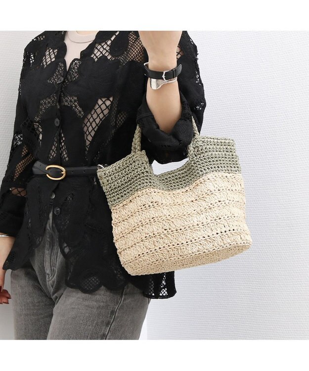 UNBILLION カシュカシュ cachecache / 切り替え柄編みミニトート カゴバッグ グリーン