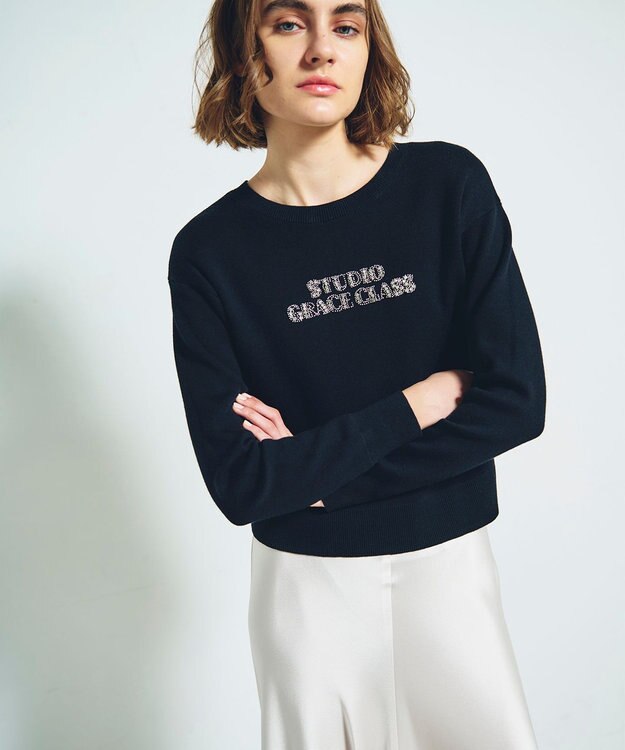 GRACE CONTINENTAL ロゴビジューニットトップ ブラック