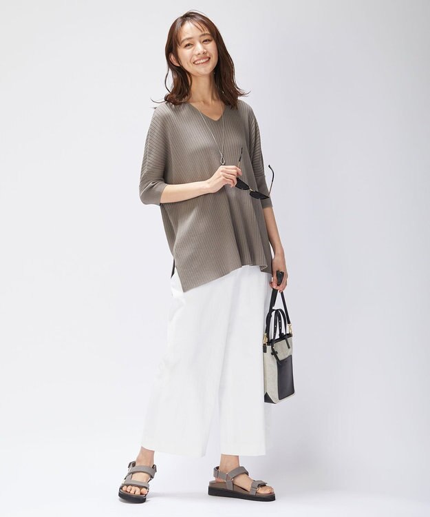 J.PRESS LADIES 【洗える】コットンシルクリラクシー Vネック ニット カーキ系