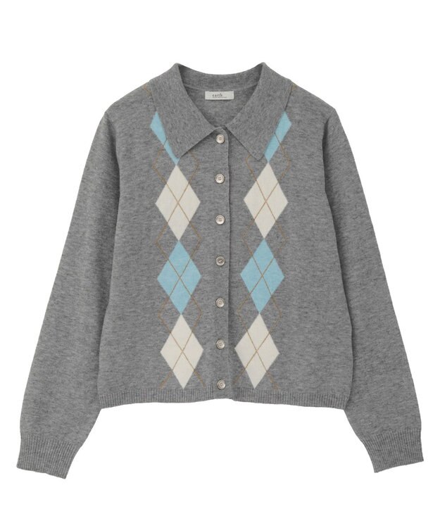 earth music&ecology 【予約】襟付きアーガイルニットカーディガン グレー