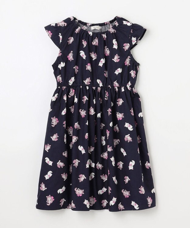 ANY KIDS 総柄 サマーワンピース ネイビー×ネコ