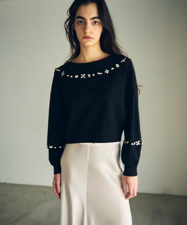 GRACE CONTINENTAL マルチビジューニットトップ ブラック