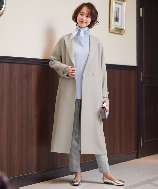 自由区 【洗える】ライトダブルクロス ノーカラーコート サンドベージュ