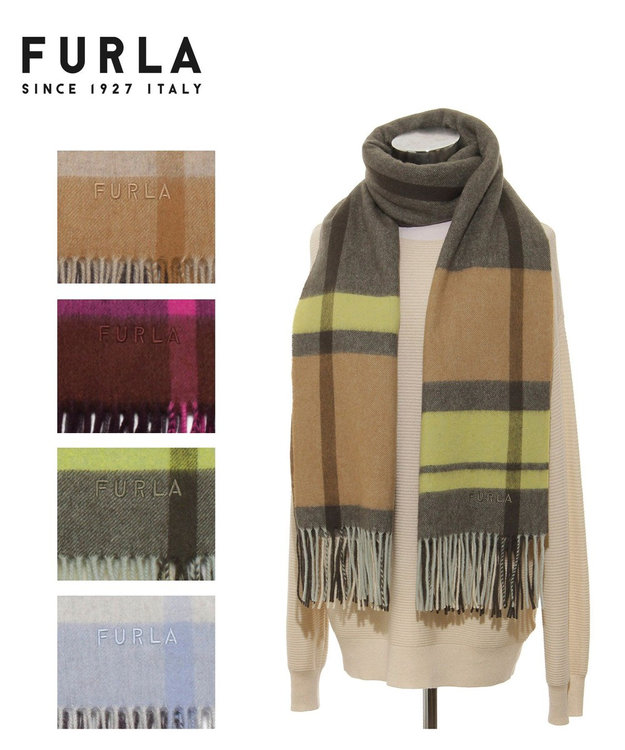 MOONBAT 【洗える】FURLA ウール100%超大判ブロックチェックストールマフラー／幅70cm オリーブグリーン