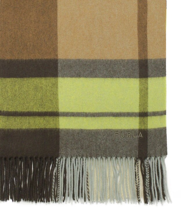 MOONBAT 【洗える】FURLA ウール100%超大判ブロックチェックストールマフラー／幅70cm オリーブグリーン