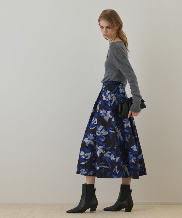GRACE CONTINENTAL ラメフラワージャガードスカート ブルー