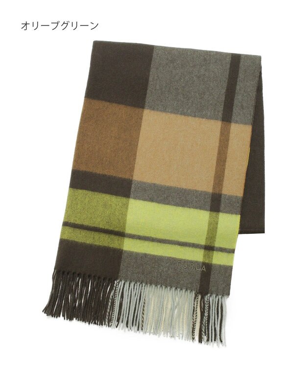 MOONBAT 【洗える】FURLA ウール100%超大判ブロックチェックストールマフラー／幅70cm オリーブグリーン