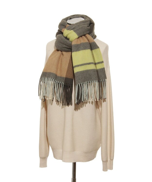 MOONBAT 【洗える】FURLA ウール100%超大判ブロックチェックストールマフラー／幅70cm オリーブグリーン