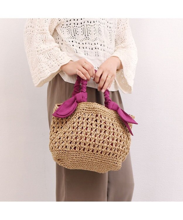 UNBILLION カシュカシュ cachecache / 下がりリボン柄編みトート ピンク