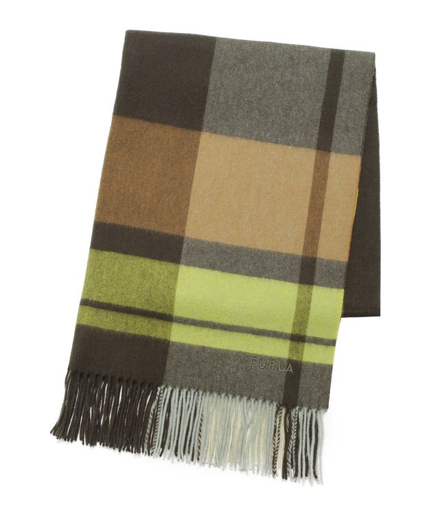 MOONBAT 【洗える】FURLA ウール100%超大判ブロックチェックストールマフラー／幅70cm オリーブグリーン