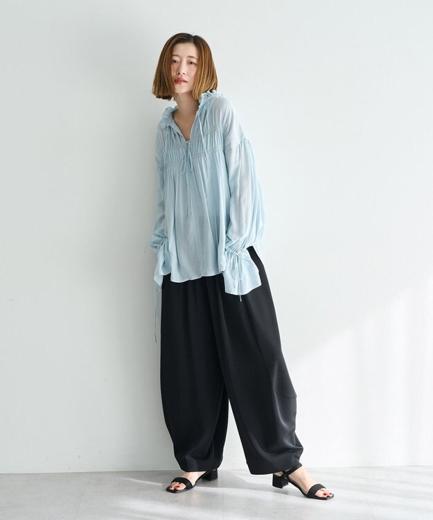 YECCA VECCA シャーリングギャザーリボンブラウス Sax