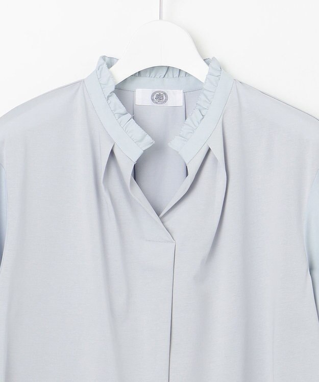 J.PRESS LADIES コンビジャージー フリルネック カットソー サックスブルー系