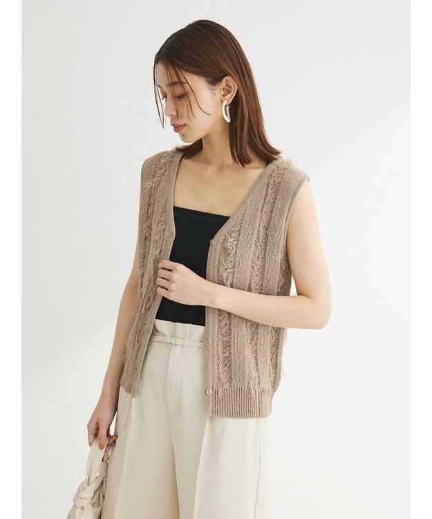 Green Parks フリンジニットベスト Gray Beige