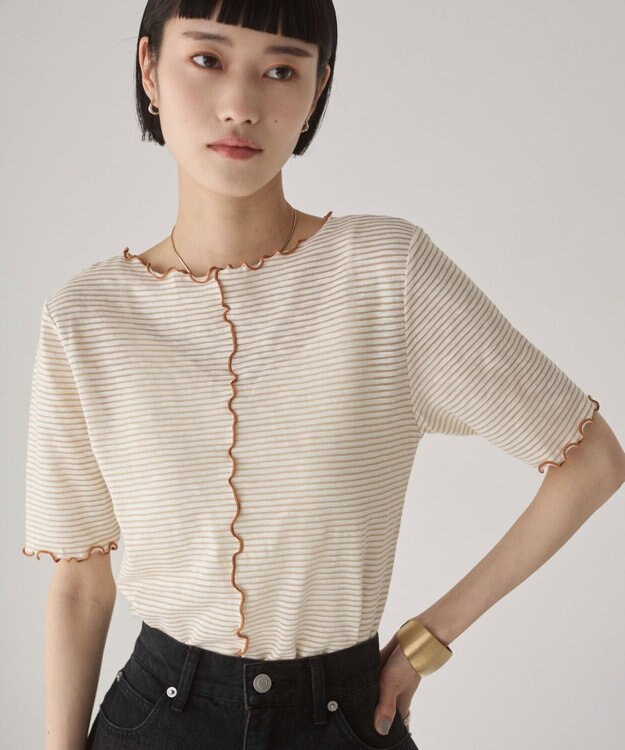 WEGO 【ANGIE VINTAGE】シアーボーダーメロウトップス ベージュボーダー