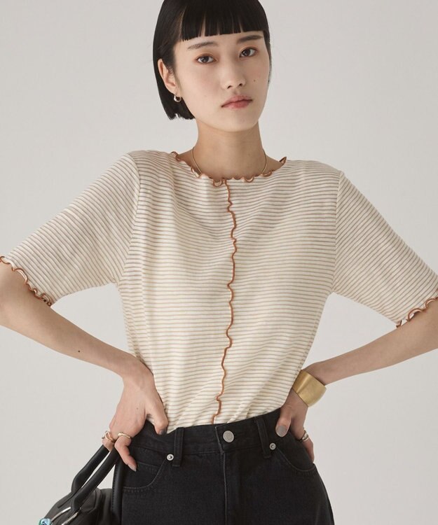 WEGO 【ANGIE VINTAGE】シアーボーダーメロウトップス ベージュボーダー