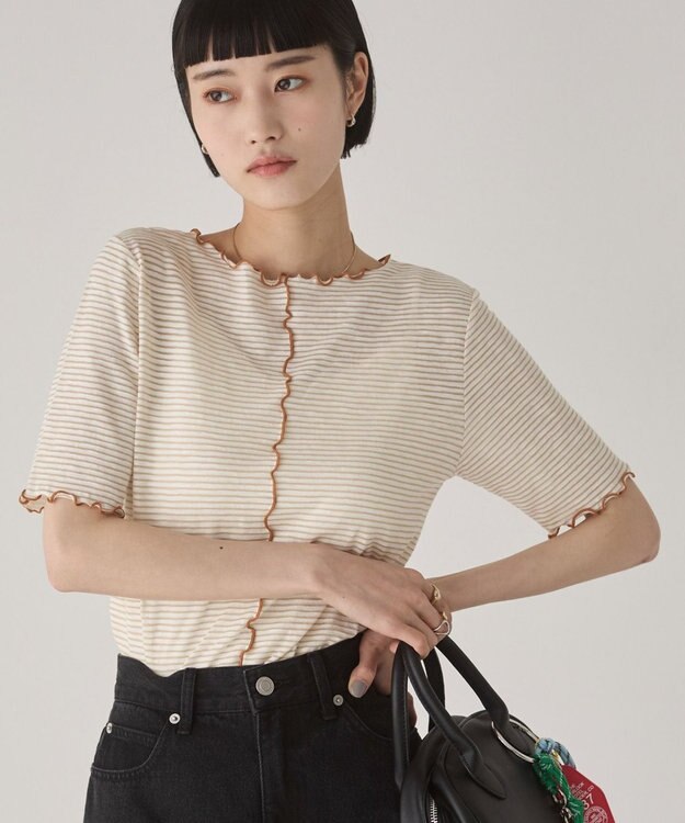 WEGO 【ANGIE VINTAGE】シアーボーダーメロウトップス ベージュボーダー