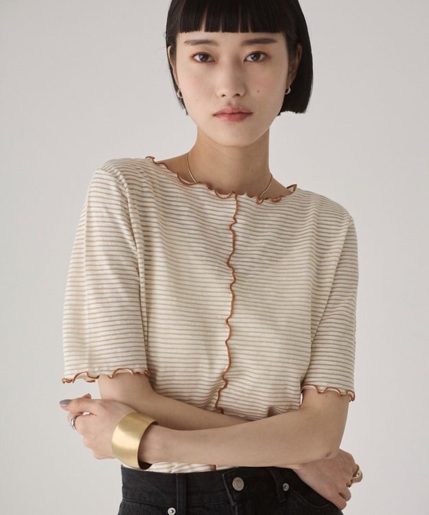 WEGO 【ANGIE VINTAGE】シアーボーダーメロウトップス ベージュボーダー