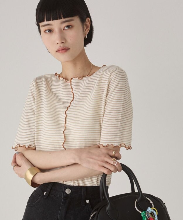 WEGO 【ANGIE VINTAGE】シアーボーダーメロウトップス ベージュボーダー