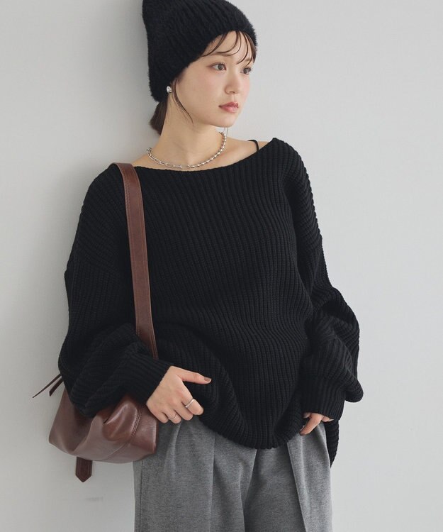 earth music&ecology 【毛玉防止 / 洗濯機洗い可】アンチピリングクロスネックルーズニット Black